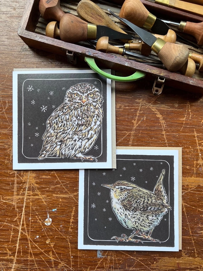 little owl and wren snowflake art card