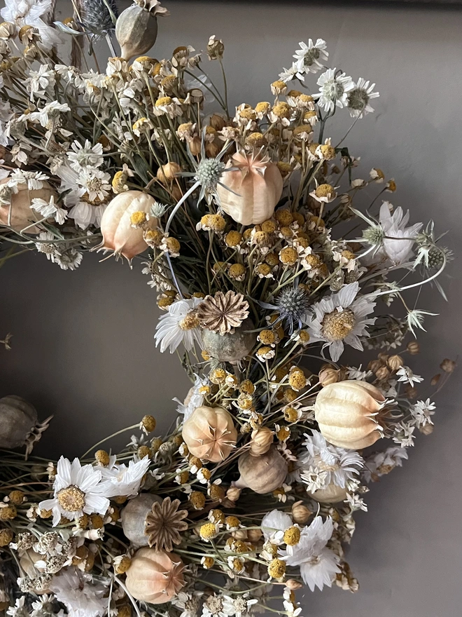 Autumnal Wreath. A wreath made of dried autumnal flowers, hung on a wall.