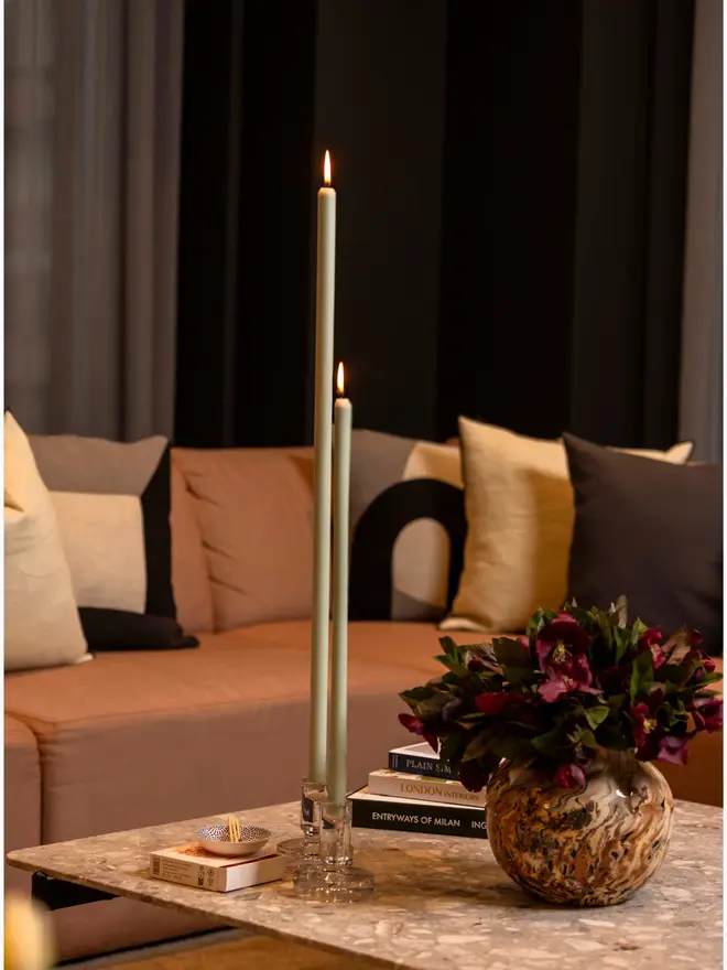 mint green taper candle pair