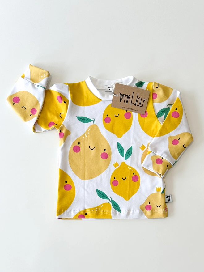 smiley lemons print leggings, t-shirt, shorties for babies, toddlers, kids