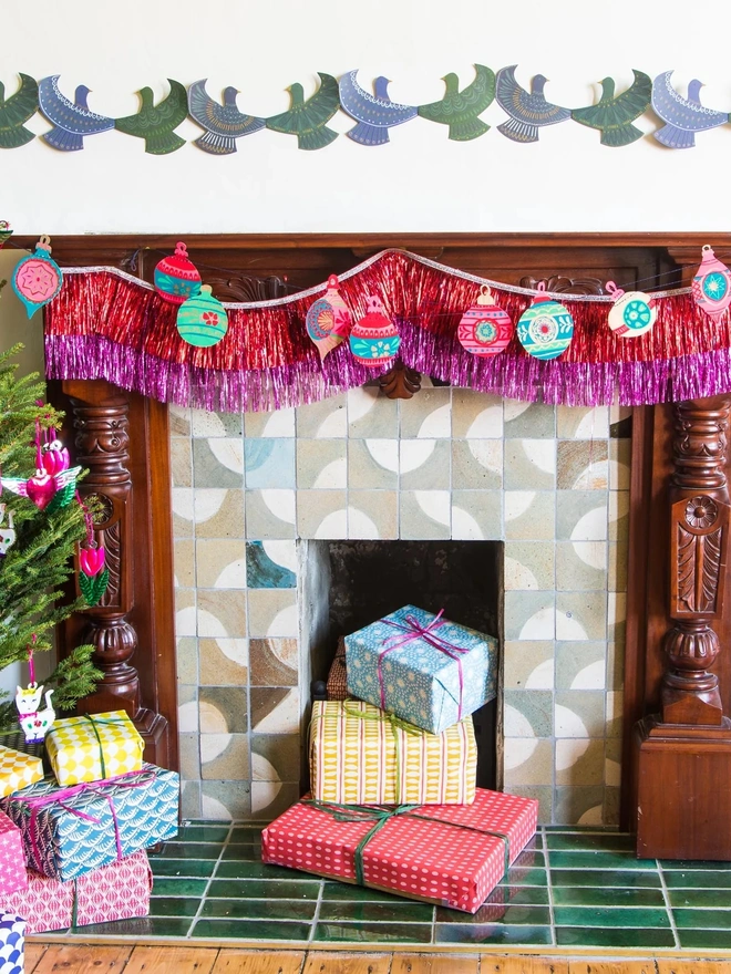 Fireplace with paper garlands