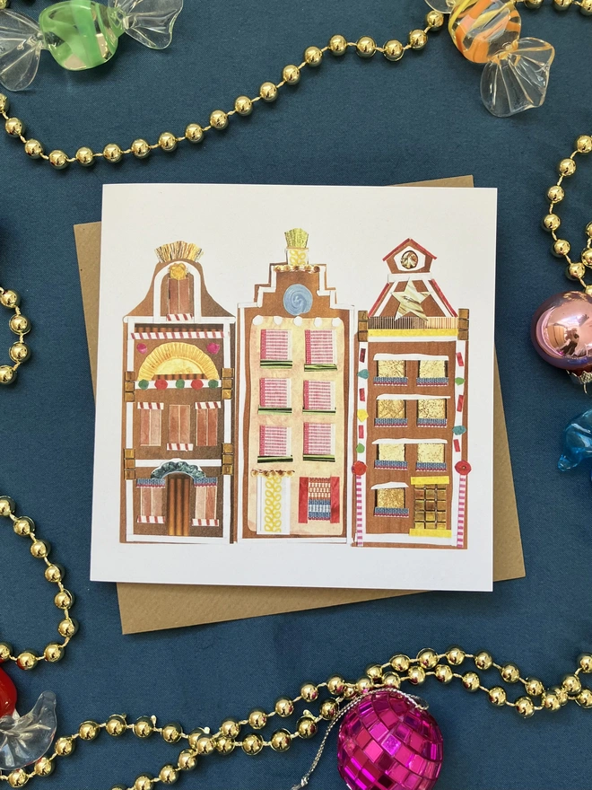 Gingerbread townhouses christmas card and envelope with decoration