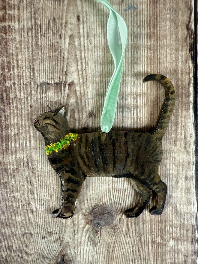 Tabby Cat Easter Decoration with daffodil collar