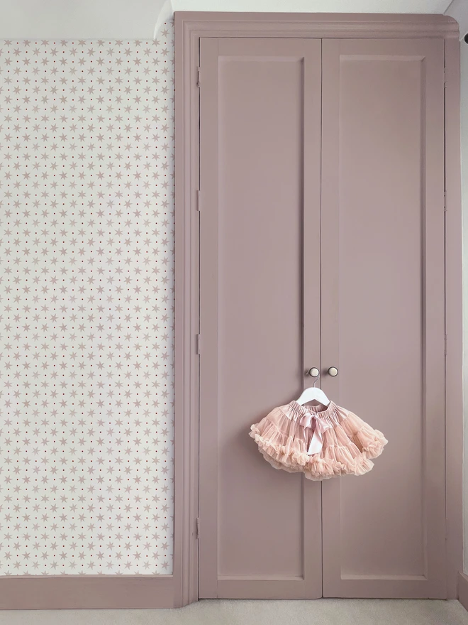 Ducks In A Row Stars and Spots Kids Wallpaper Blush Pink Girls bedroom painted pink wardrobe and Tutu