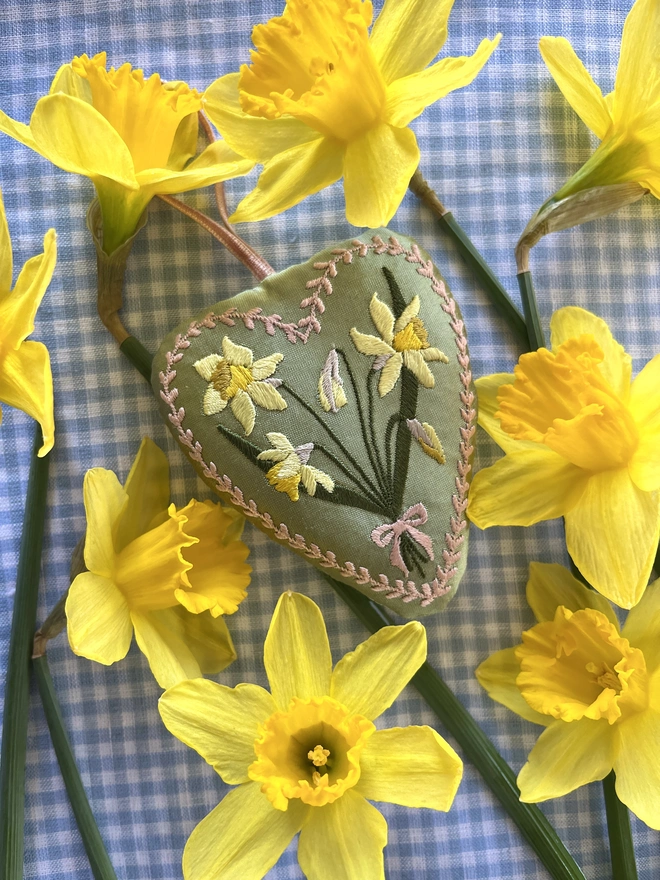 daffodil silk embroidered heart ornaments pink peach green yellow orange thread, green silk, velvet ribbon stuffed ornament decoration