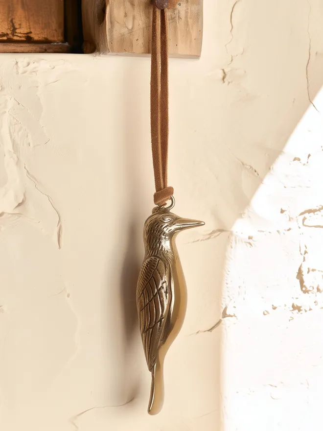 metal woodpecker christmas hanging ornament with suede cord