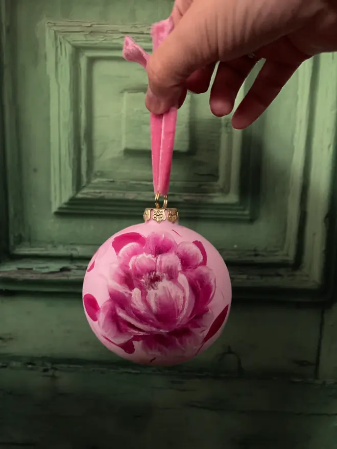 Toile De Jouy Inspired pink Hand Painted Floral Ceramic Bauble