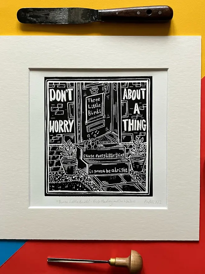 bob marley three little birds lyric lino print
