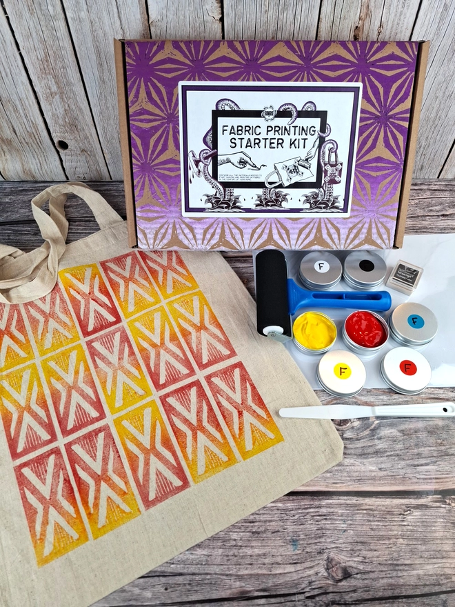 Fabric printing kit with inks fabric brayer carving tools and instructions