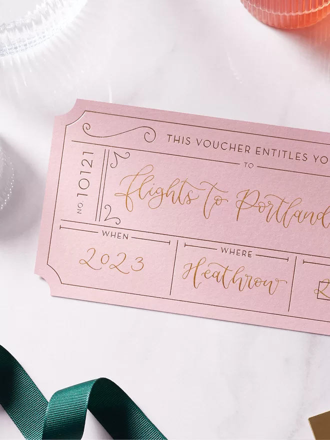 pink and gold personalised golden ticket for concert surprise reveal