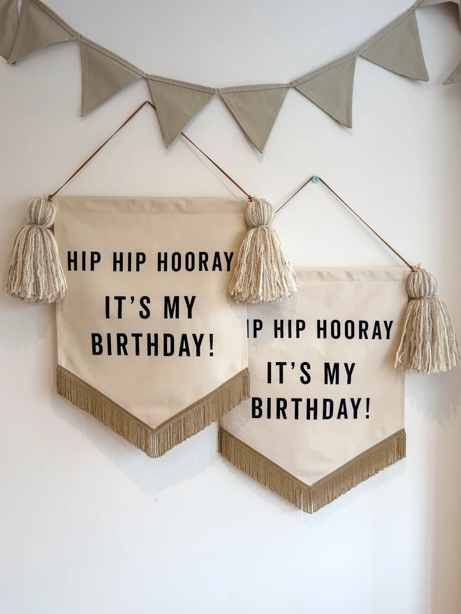 Natural Neutral Hip Hip Hooray It's my Birthday Handmade fabric birthday banner decoration hanging with fabric bunting