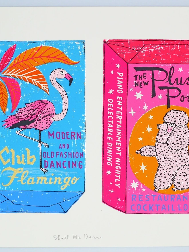 Shall We Dance Poodle And Flamingo Sugar Cubes Screenprint, a white screenprint with a pair of colourful box designs in the centre. 