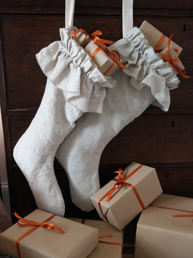 Linen ruffle christmas stockings