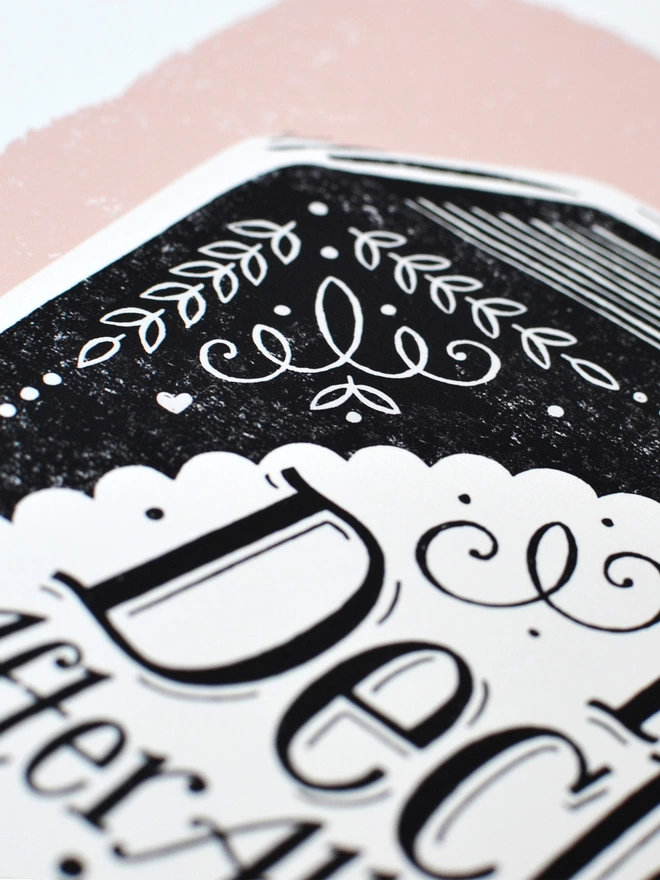 detail of black white and pink book quote print