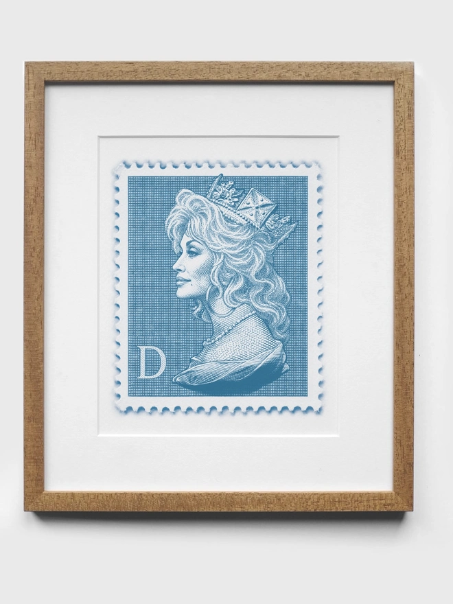 Blue Dolly Parton Art Print Oak Frame