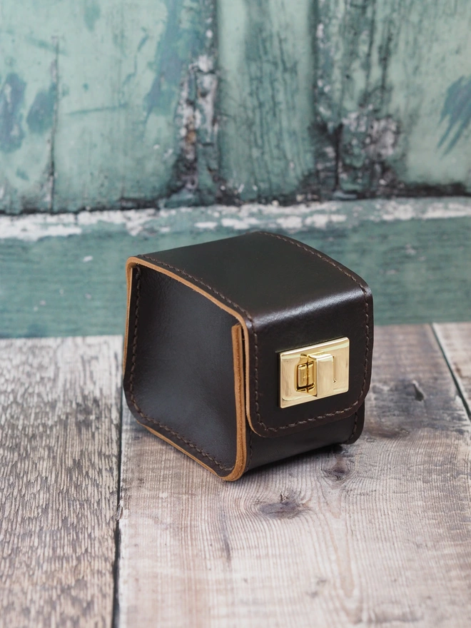 Handmade Dark Brown Leather Watch Case. Hand dyed dark brown leather case for carrying a single wrist watch, with option to personalise.