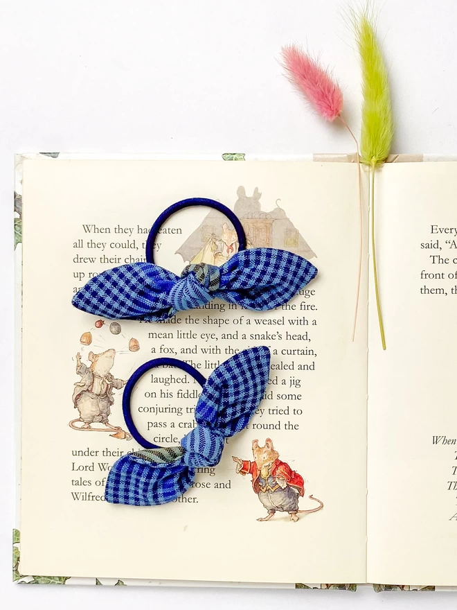 Navy gingham hair bobbles for girls handmade by Runaround Retro