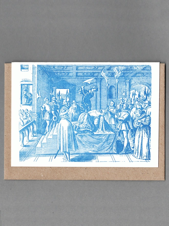 White card of a blue illustration depicting 