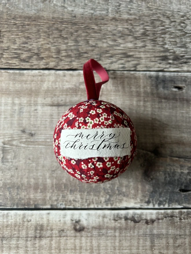 Liberty fabric red floral personalised bauble