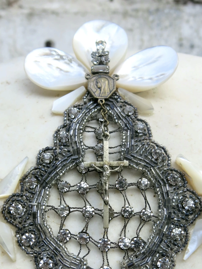 Art deco thai buffalo skull with vintage diamanté, shells with pearls and vintage metal crucifix