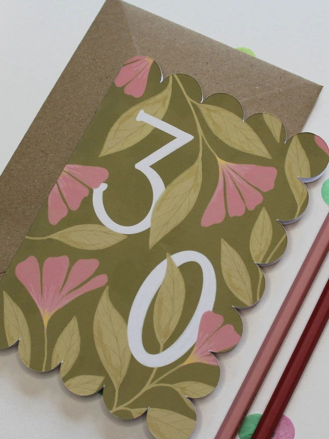 floral 30th birthday card with scalloped edge