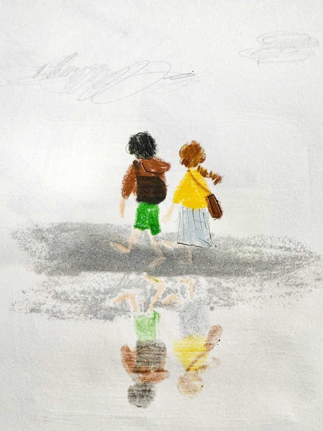 drawing of couple walking and reflected in the sand 