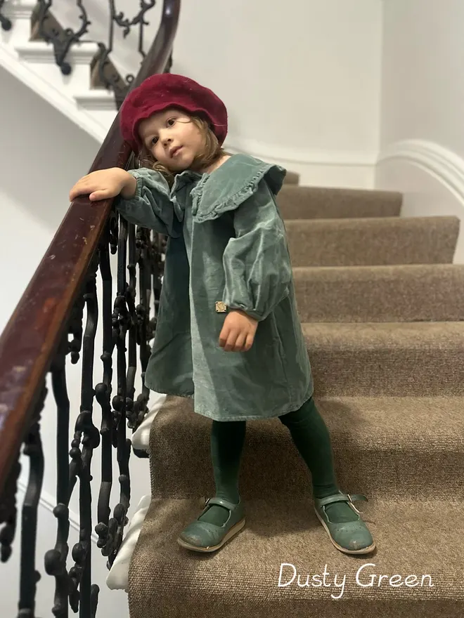 kids velvet dress with big frill collar Dusty Green