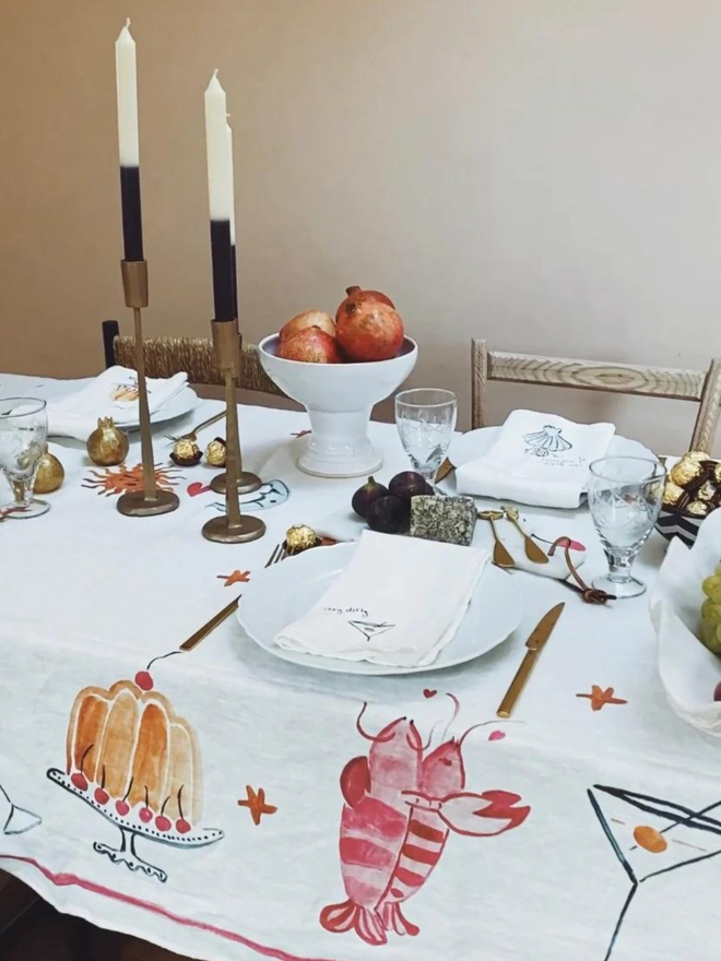 linen multi pattern tablecloth on decorated table 