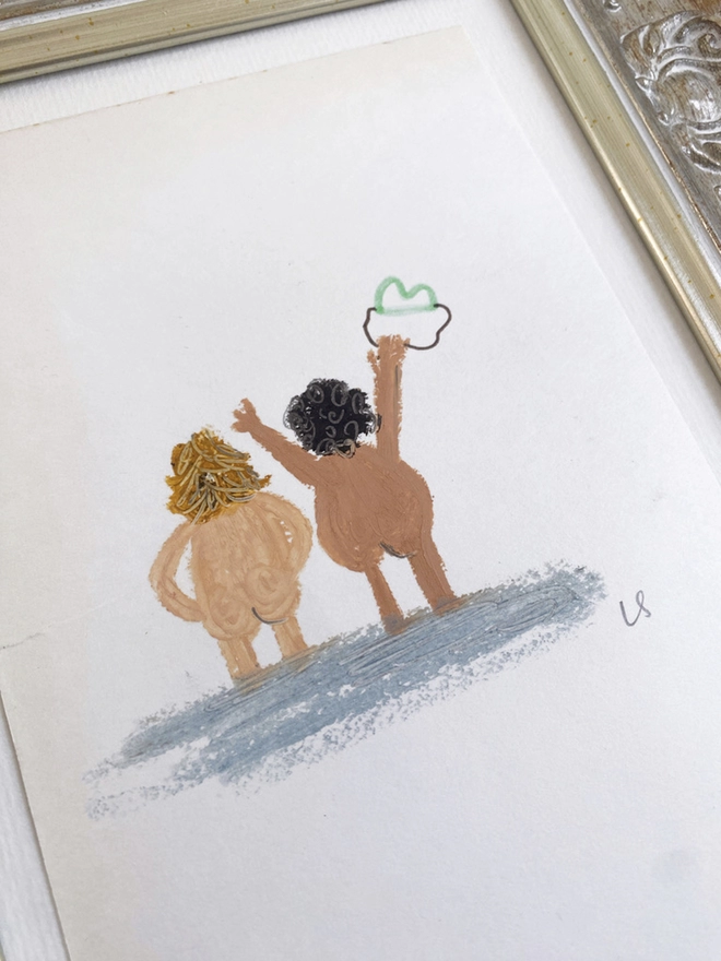 detail of illustration of a nude couple facing out to see waving joyfully in chunky vintage style frame 