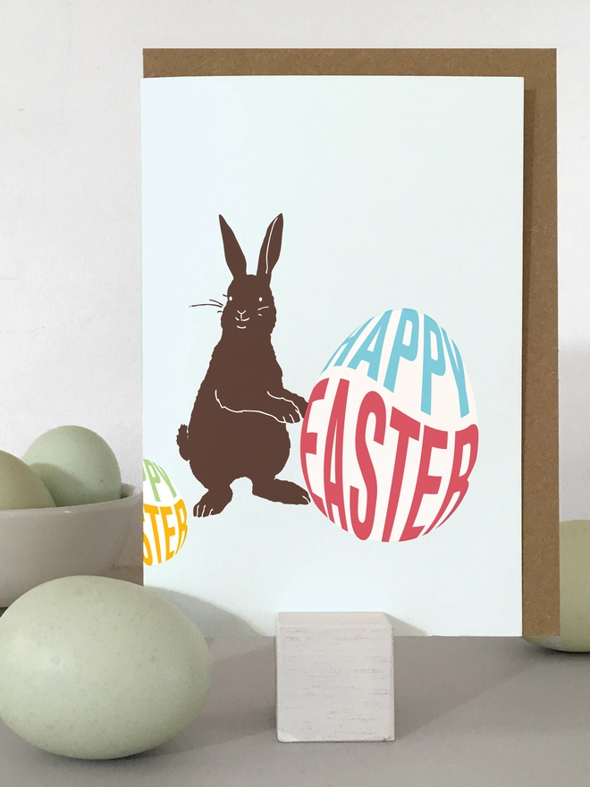 Easter Bunny Card Pastel Blue Background