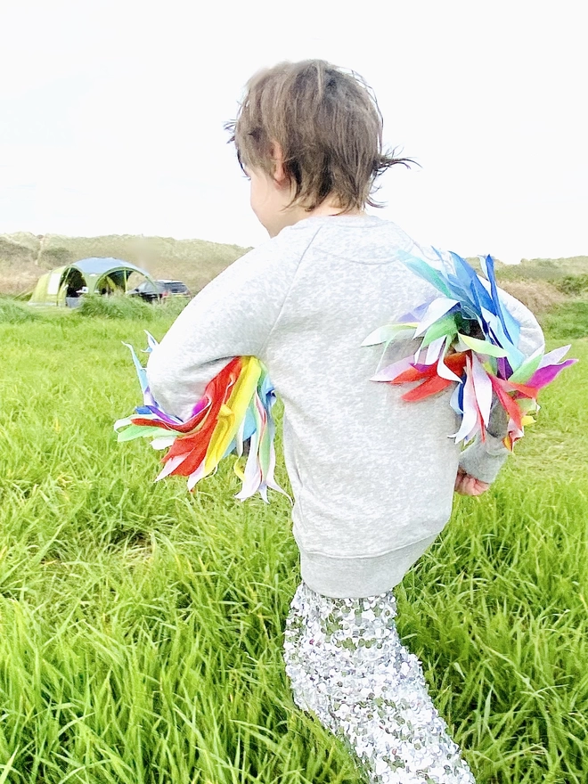 childrens organic grey MARL sweatshirt with feather effect rainbow wings made from recycled fabric