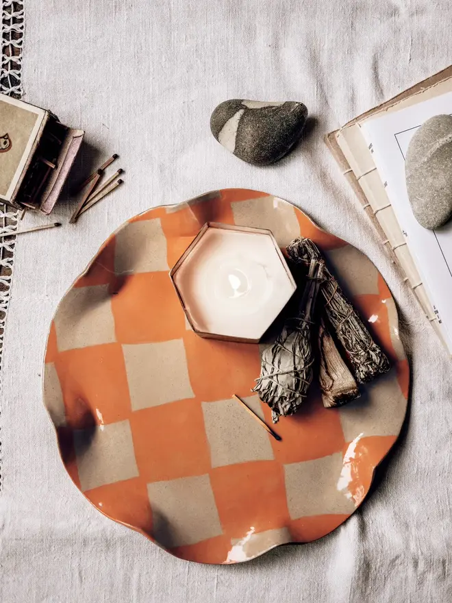 Orange Check Wavy Serving Platter