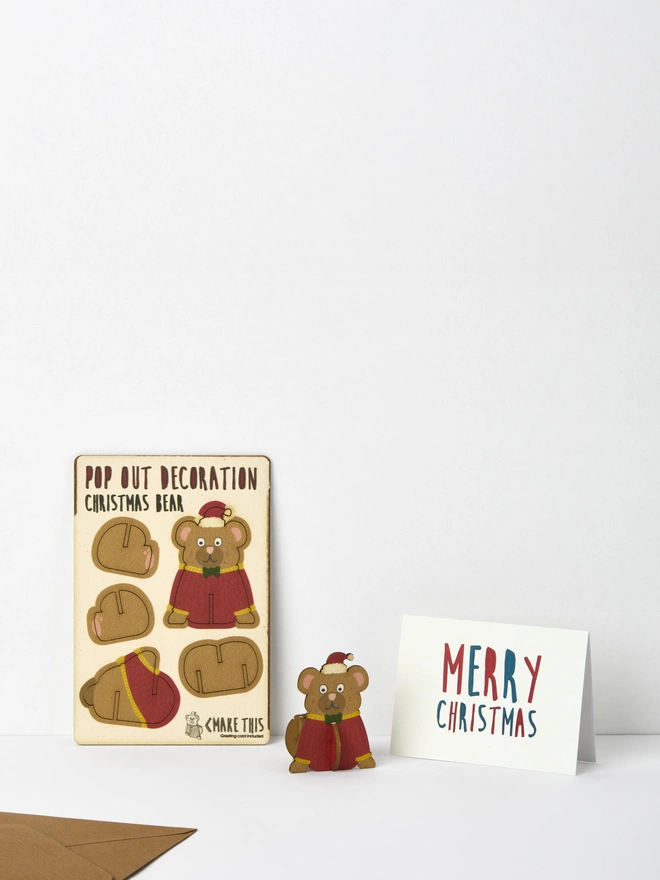 Pop out laser-cut bear Christmas decoration and Merry Christmas card