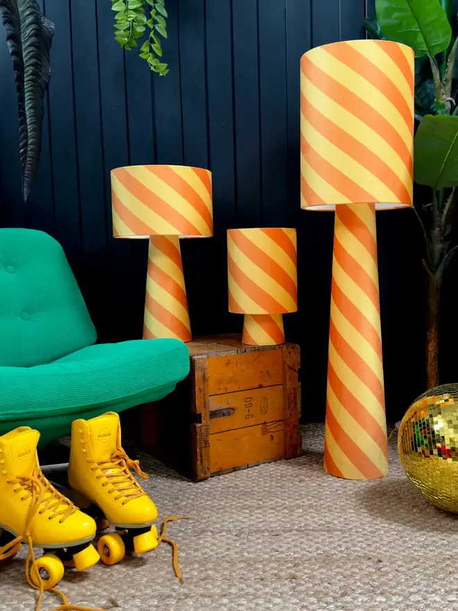 Portable Helter Skelter Velvet Lamps, in a room. 