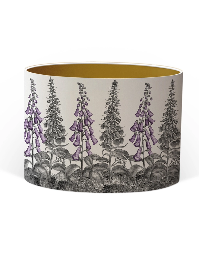 Handmade lampshade featuring a mischievous fox moving through foxglove flowers in a whimsical woodland design.