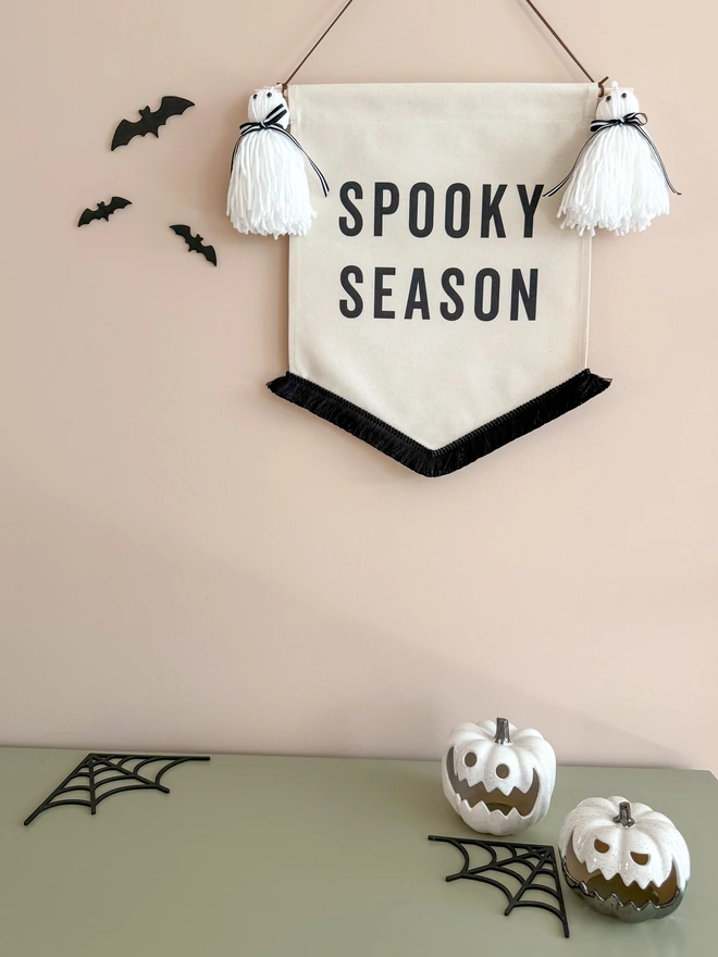 Spooky Season Halloween fabric banner with ghost tassels