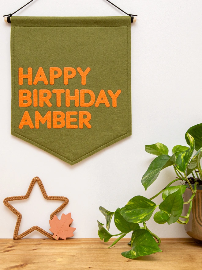 personalised happy birthday banner in moss and ginger felt