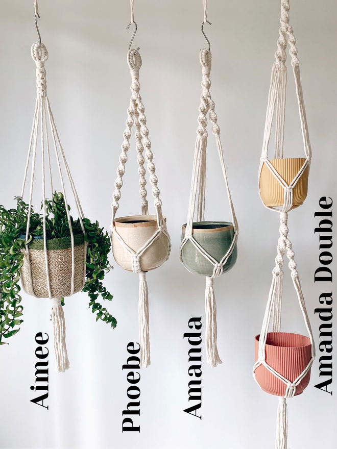 4 macrame plant hangers, all made in neutral colour. From left to right, Aimee, Phoebe, Amanda and Amanda Double