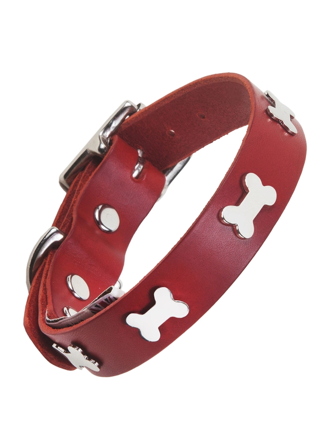 Creature Clothes Red Leather Dog Collar with Silver Bones