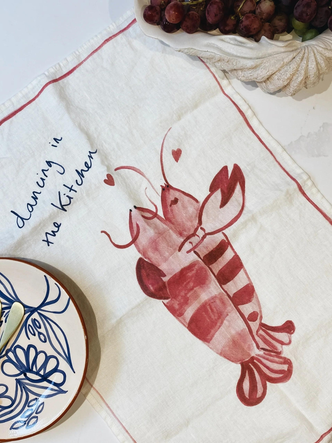 dancing in the kitchen lobster linen tea towel