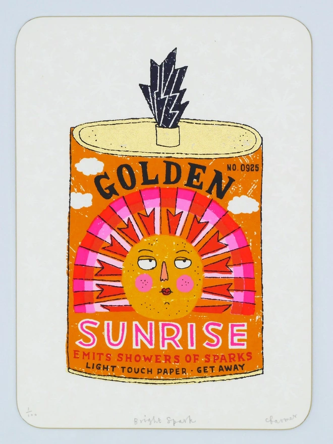 Sun And Moon Firework Screenprint Duo, a pair of colourful firework designs in the centre of white card. 