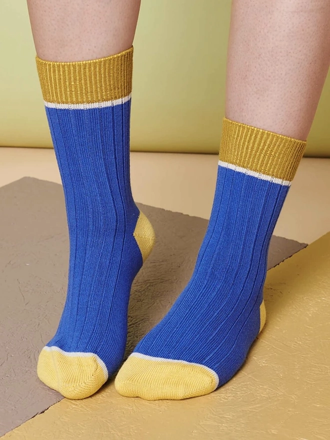 Unisex Organic Cotton Ribbed Ankle Socks, a person wearing a pair of colourful socks. 