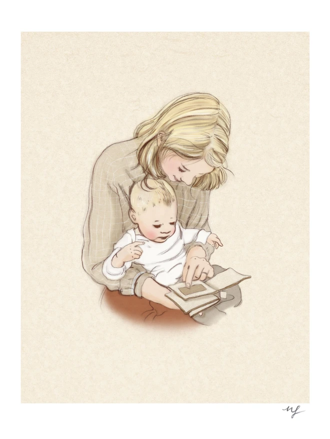 an illustration of a mum with a baby on her lap looking at a baby book, traditional drawing style of a private commissioned portrait beautiful warm hues of colour and gentle traditional pencil line work