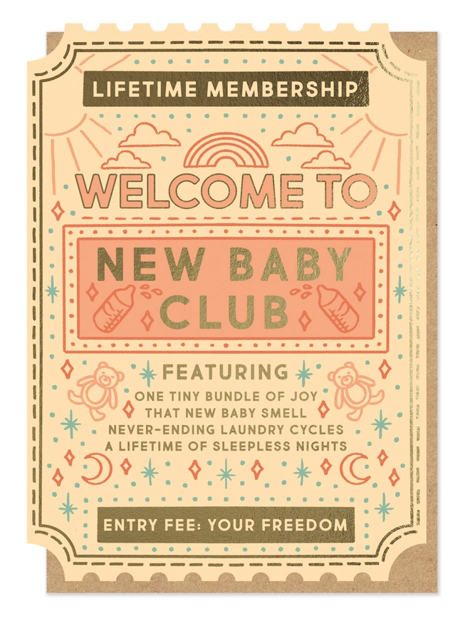 Peach coloured greeting card, die-cut into the shape of a ticket along with fleck craft envelope. Text on card reads Welcome To New Baby Club. 