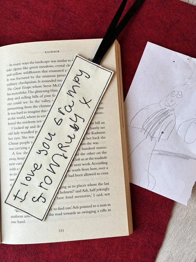 Bookmark personalised with embroidered child's handwriting