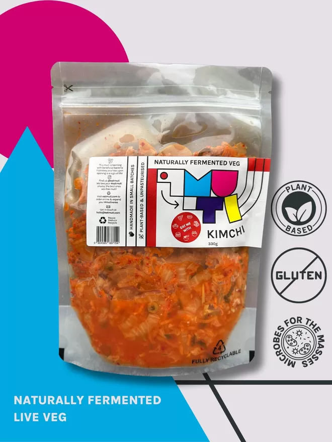 Pouch Of Muti Kimchi On A Colourful Geometric Pop Art Background.
