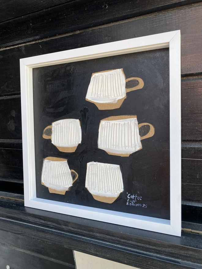 Painting of coffee cups, naive art, scandi art, monochrome folk art by Samantha Barnes