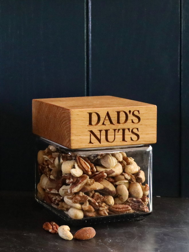 Close up of a Dad's Nuts Jar