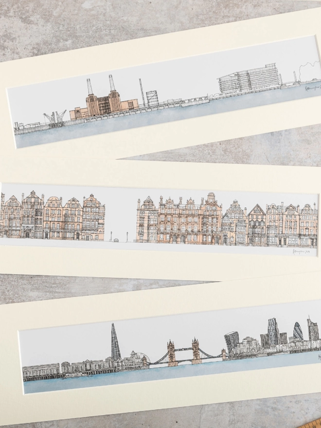 Detailed pen and watercolour drawings of Battersea Power Station, Cadogan Square and Tower Bridge