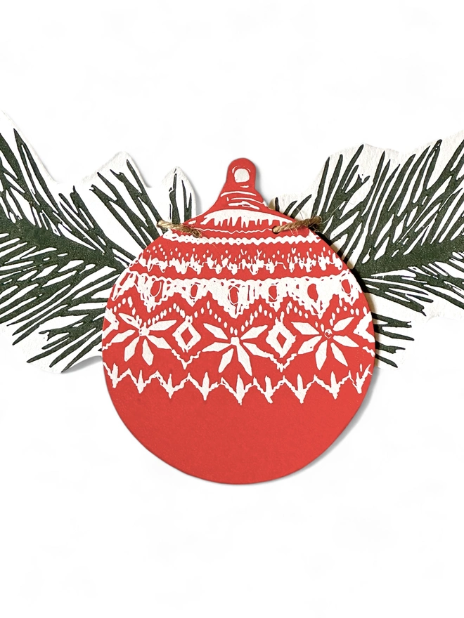 Christmas Linocut Garland,Hand Printed Nordic Bauble/Pine 